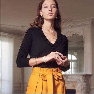 Sezane Merino Wool Black Ruffle Sweater